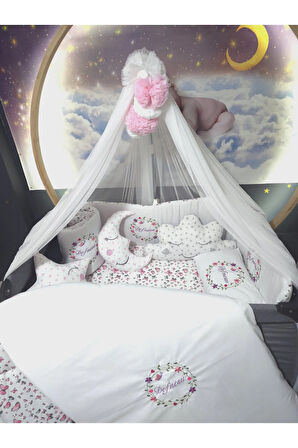 70x110 İsim Nakışlı Bebek Uyku Seti - Lüks Cibinlik Ve Aparat Dahil - Çiçek Kelebek Motifli