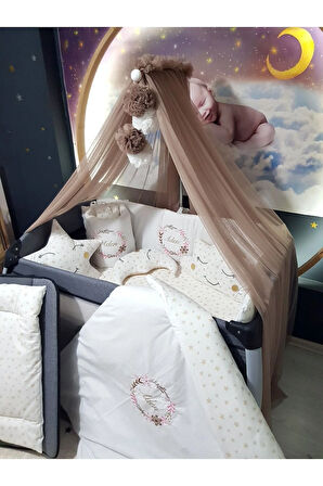 70x110 Nakışlı Bebek Uyku Seti İsimli - Lüks Cibinlik Ve Aparat - Çiçek Nakış Motifi