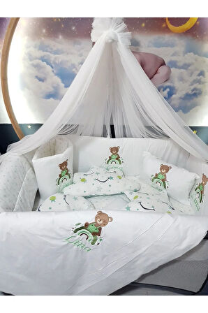 70x110 Nakışlı Bebek Uyku Seti İsimli - Lüks Cibinlik Ve Aparat - Ayıcık Gökkuşağı Motifli