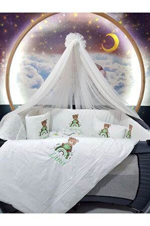 70x110 Nakışlı Bebek Uyku Seti İsimli - Lüks Cibinlik Ve Aparat - Ayıcık Gökkuşağı Motifli