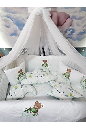 70x110 Nakışlı Bebek Uyku Seti İsimli - Lüks Cibinlik Ve Aparat - Ayıcık Gökkuşağı Motifli