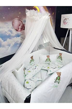 70x110 Nakışlı Bebek Uyku Seti İsimli - Lüks Cibinlik Ve Aparat - Ayıcık Gökkuşağı Motifli
