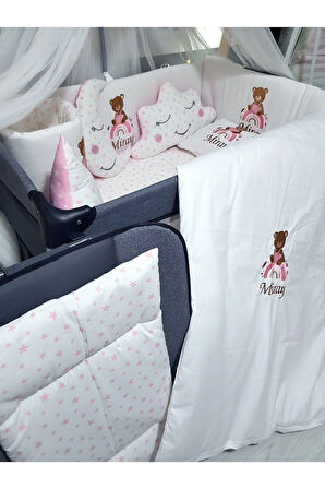 70x110 Nakışlı Bebek Uyku Seti İsimli - Lüks Cibinlik Ve Aparat - Gökkuşağı Ayıcık Motifli