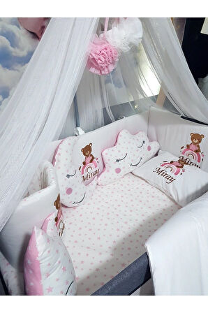 70x110 Nakışlı Bebek Uyku Seti İsimli - Lüks Cibinlik Ve Aparat - Gökkuşağı Ayıcık Motifli