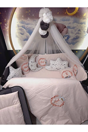 70x110 Nakışlı İsimli Bebek Uyku Seti 18 Parça - Lüks Cibinlik Ve Aparat - Tavşan