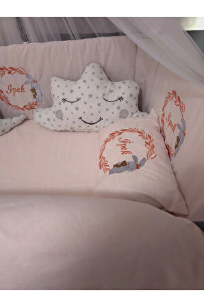 70x110 Nakışlı İsimli Bebek Uyku Seti 18 Parça - Lüks Cibinlik Ve Aparat - Tavşan