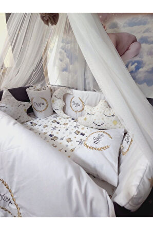 70x120 İsim Nakışlı Bebek Uyku Seti - Lüks Cibinlik Ve Aparat Dahil - Başak Nakış Motifi