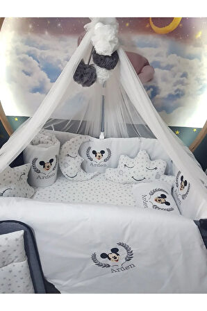 70x120 Nakışlı İsimli Bebek Uyku Seti 18 Parça - Lüks Cibinlik Ve Aparat - Mickey