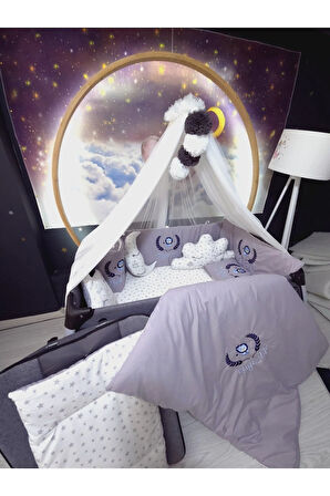 70x120 İsim Nakışlı Bebek Uyku Seti - Lüks Cibinlik Ve Aparat Dahil - Başak Aslan Motifli