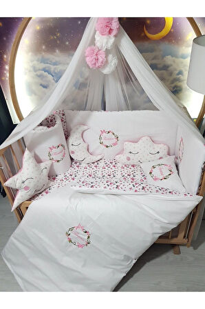 70x130 Nakışlı Bebek Uyku Seti İsimli - Lüks Cibinlik Ve Aparat - Çiçek Fiyonk Motifli