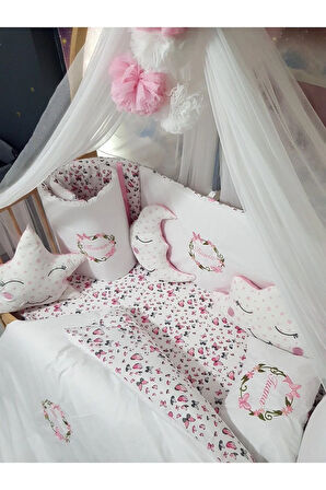 70x130 Nakışlı Bebek Uyku Seti İsimli - Lüks Cibinlik Ve Aparat - Çiçek Fiyonk Motifli
