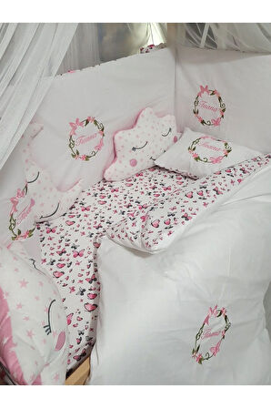 70x130 Nakışlı Bebek Uyku Seti İsimli - Lüks Cibinlik Ve Aparat - Çiçek Fiyonk Motifli