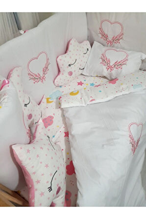 70x130 Nakışlı Bebek Uyku Seti İsimli - Lüks Cibinlik Ve Aparat - Çiçek Kalp Motifli