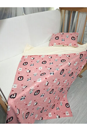 90x120 Pazen Uyku Seti 4'lü - Pembe Beyaz (YUMUŞACIK BEBEK BATTANİYESİ, ÇARŞAF VE KILIFLI YASTIK)