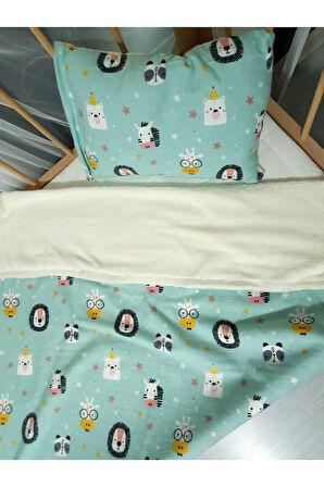 90x120 Pazen Uyku Seti 4'lü - Yeşil Beyaz (YUMUŞACIK BEBEK BATTANİYESİ, ÇARŞAF VE KILIFLI YASTIK)