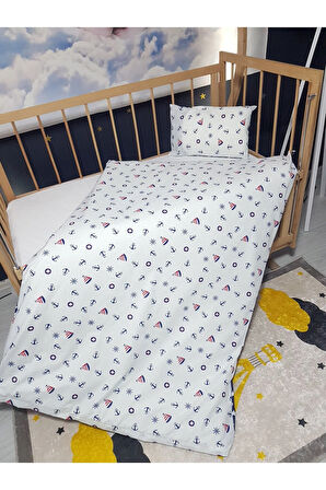 5 Parça 90x130 Bebek Uyku Seti - Yorgan Yastık Çarşaf Takımı - Denizci Desen