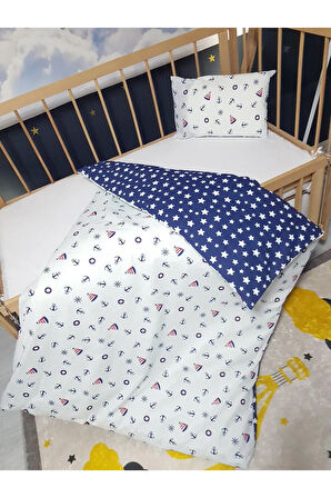 5 Parça 90x130 Bebek Uyku Seti - Yorgan Yastık Çarşaf Takımı - Denizci Desen