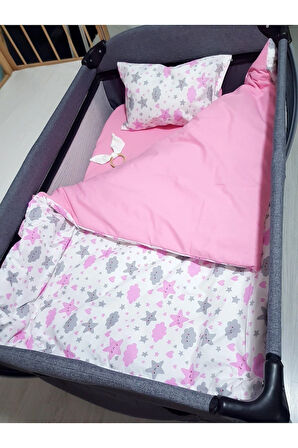 90x130 Bebek Uyku Seti 5'li - Pembe Bulut Yıldız Desenli (TÜM ÖLÇÜLERE UYGUN)