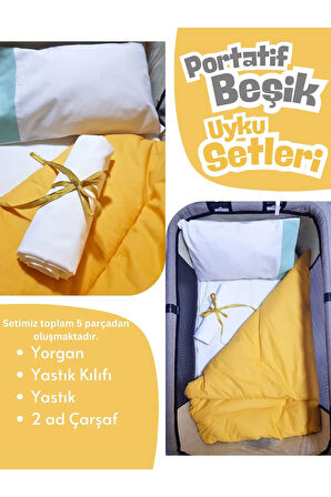 Portatif Beşiklere Uygun 5 Parça Uyku Seti %100 Pamuk Anne Yanı Beşik ve Sepet Beşik İçin