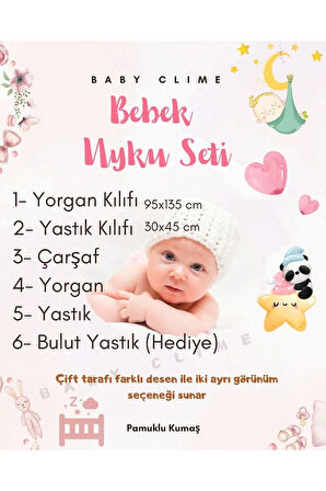 6 Parça Bebek Uyku Seti - Bulut Yastıklı, Çarşaf, Yastık, 95x135 Yorgan