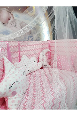 60x120 Bebek Uyku Seti - Cibinlik Ve Aparat - Pembe İnce Zigzag Yıldız Desen