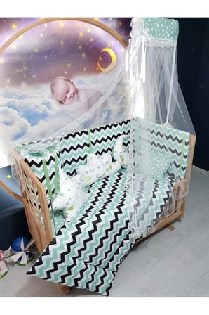 60x120 Bebek Uyku Seti - Cibinlik Ve Aparat - Yeşil Zigzag Yıldız Desen