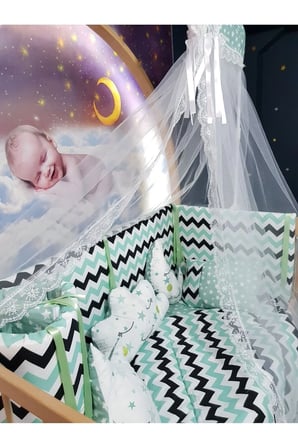 60x120 Bebek Uyku Seti - Cibinlik Ve Aparat - Yeşil Zigzag Yıldız Desen