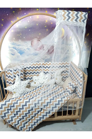 60x120 Bebek Uyku Seti - Cibinlik Ve Aparat - Kahverengi Zigzag Yıldız Desen