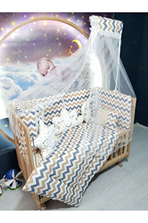60x120 Bebek Uyku Seti - Cibinlik Ve Aparat - Kahverengi Zigzag Yıldız Desen