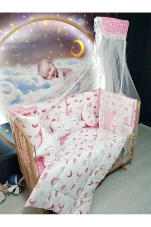 60x120 Bebek Uyku Seti - Cibinlik Ve Aparat - Pembe Ay Yıldız Desen