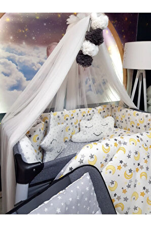 70x120 Bebek Uyku Seti - Lüks Cibinlik Ve Aparat Dahil - Ay Yıldız Desenli