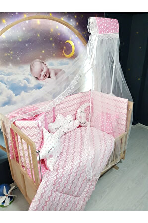 70x130 Bebek Uyku Seti - Cibinlik Ve Aparat - Pembe İnce Zigzag Yıldız Desen