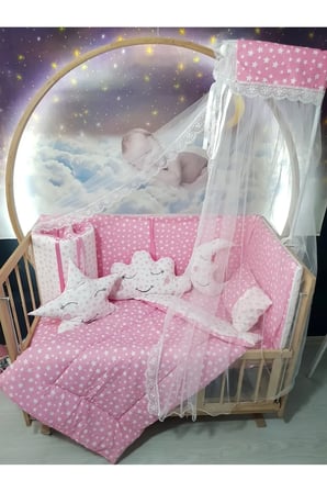 70x130 Bebek Uyku Seti - Cibinlik Ve Aparatı - Pembe Yıldız Desen