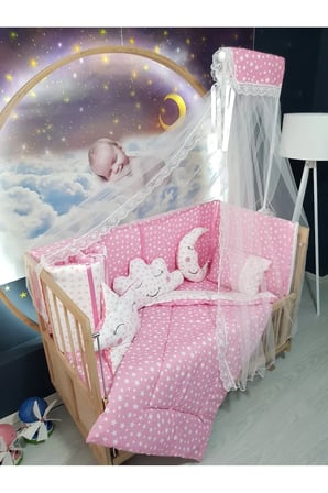 70x130 Bebek Uyku Seti - Cibinlik Ve Aparatı - Pembe Yıldız Desen