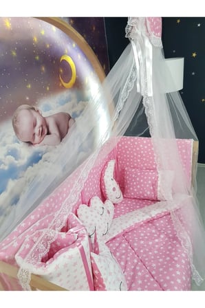 70x130 Bebek Uyku Seti - Cibinlik Ve Aparatı - Pembe Yıldız Desen