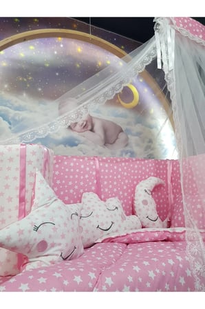 70x130 Bebek Uyku Seti - Cibinlik Ve Aparatı - Pembe Yıldız Desen