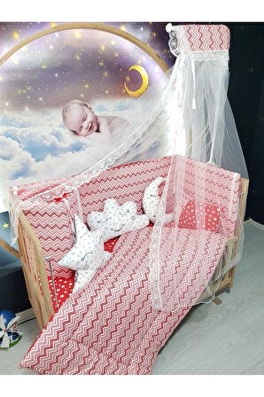 70x130 Bebek Uyku Seti - Cibinlik Ve Aparat - Kırmızı İnce Zigzag Yıldız Desen