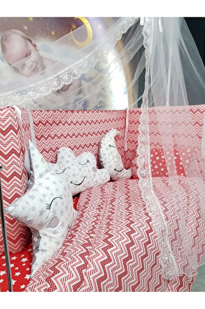 70x130 Bebek Uyku Seti - Cibinlik Ve Aparat - Kırmızı İnce Zigzag Yıldız Desen