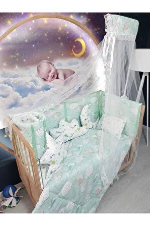 70x130 Bebek Uyku Seti - Cibinlik Ve Aparat - Yeşil Bulut Yıldız Desen