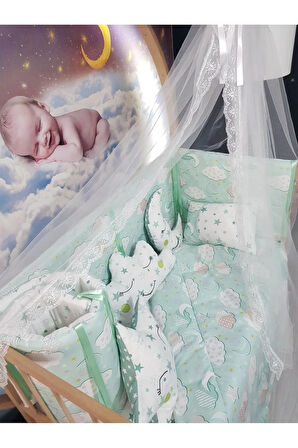 70x130 Bebek Uyku Seti - Cibinlik Ve Aparat - Yeşil Bulut Yıldız Desen