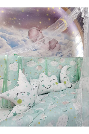 70x130 Bebek Uyku Seti - Cibinlik Ve Aparat - Yeşil Bulut Yıldız Desen