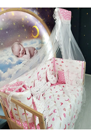 70x130 Bebek Uyku Seti - Cibinlik Ve Aparat - Pembe Ay Yıldız Desen