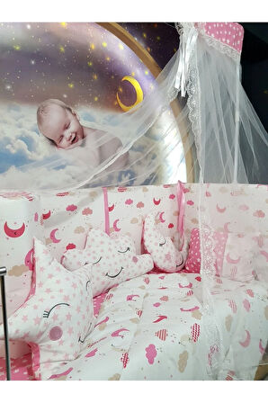 70x130 Bebek Uyku Seti - Cibinlik Ve Aparat - Pembe Ay Yıldız Desen