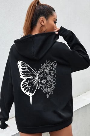 Unisex Drawing Butterflies Sırt Baskılı Sweatshirt