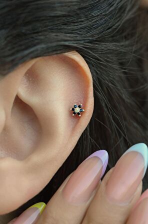 Gold Çelik Siyah Çiçekli Helix Piercing Kıkırdak Lob