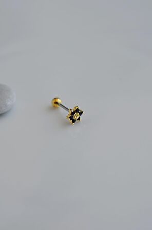 Gold Çelik Siyah Çiçekli Helix Piercing Kıkırdak Lob