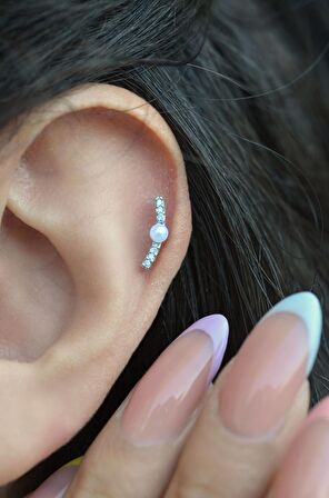 Gümüş Renk Çelik İncili Zirkon Helix Piercing Kıkırdak Lob