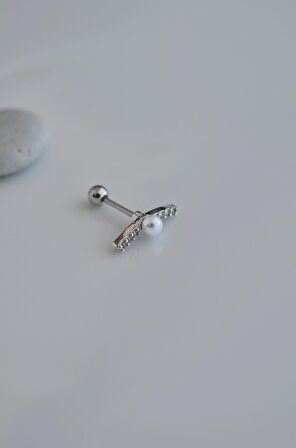 Gümüş Renk Çelik İncili Zirkon Helix Piercing Kıkırdak Lob