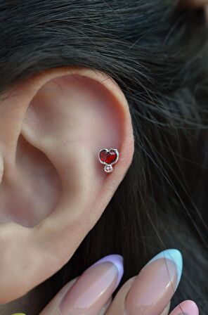 Gümüş Renkli Mini Kırmızı Kalpli Helix Piercing Kıkırdak Lob