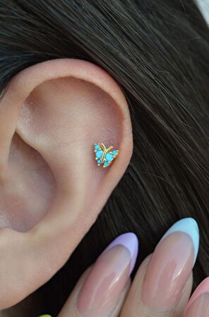 Gold Renkli Mavi Kelebekli Helix Piercing Kıkırdak Lob